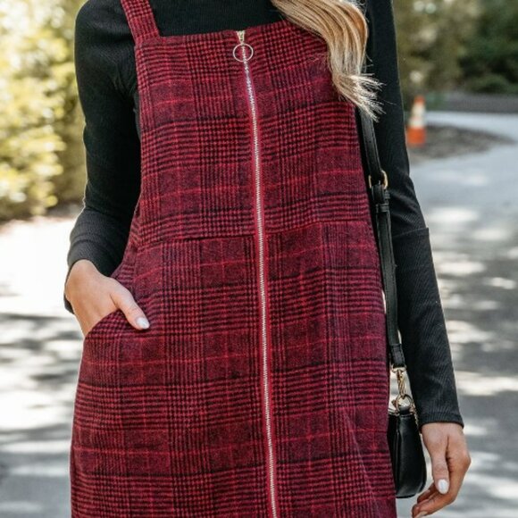 CUPSHE -- Burgundy Plaid O-Ring Pinafore Dress - Picture 1 of 8